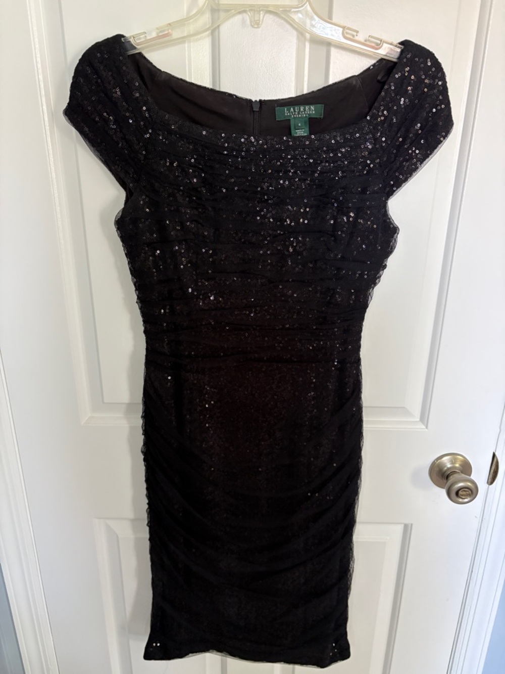Lauren Ralph Lauren Black Sequin Cap-Sleeve Midi Dress 4 Wedding Guest